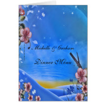 Fleurs bleues et roses de menu de mariage cartes de vœux