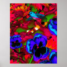 Fleurs bleues rouges d'affiche d'art et oiseau ble