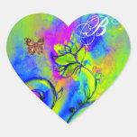 FLEURS LUNATIQUES ET MONOGRAMME DE PAPILLON D'OR AUTOCOLLANTS EN CŒUR