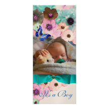 FLEURS, MODÈLE PHOTO BLEU DE BABY SHOWER DE PAPILL INVITATIONS PERSONNALISABLES