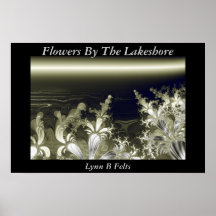 Fleurs par la rive d'un lac affiche