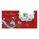 Floral bleu de carte photo de famille de Noël et r photocartes