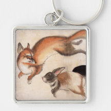 Fox et deux lièvres, peinture japonaise vintage porte-clef