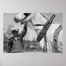 Garçon de ferme avec le cheval de charrue, les ann affiche