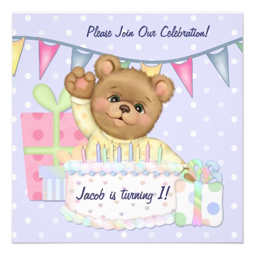Garçon d'ours d'anniversaire - premier anniversair faire-part