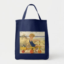 Garçon vintage jouant à la plage avec des jouets d sacs