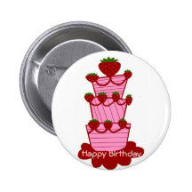 Gâteau de fraise, bouton de joyeux anniversaire badges