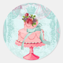 Gâteau et couronnes roses autocollants ronds