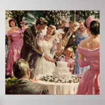 Gâteau vintage de coupe de nouveaux mariés de mari affiches