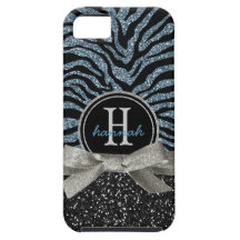 Girly Blue and Black Zebra Glitter Monogram iPhone 5 Case