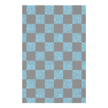 Glitter blue and black checkered pattern personalized stationery