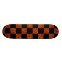 Glitter orange and black checkered pattern skate board deck