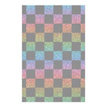 Glitter rainbow and black checkered pattern custom stationery