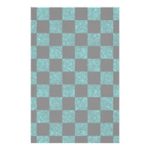 Glitter turquoise and black checkered pattern stationery