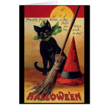 Halloween vintage avec un chat noir, un balai et u cartes de vœux