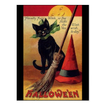 Halloween vintage avec un chat noir, un balai et u cartes postales
