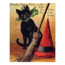 Halloween vintage avec un chat noir, un balai et u invitation
