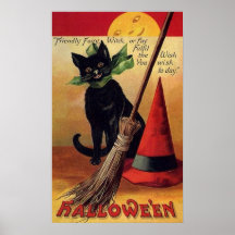 Halloween vintage avec un chat noir, un balai et u posters