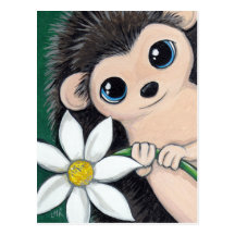 Hérisson mignon tenant la carte postale de fleur