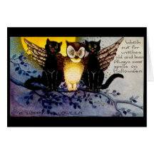 Hibou de Halloween et chats noirs Carte De Vœux