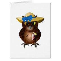 Hibou d'été avec le chapeau et la boisson cartes de vœux