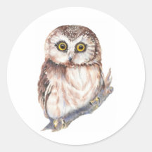 Hibou mignon - collection d'oiseau d'aquarelle autocollants ronds
