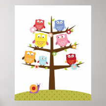 Hiboux mignons sur l'illustration d'arbre posters