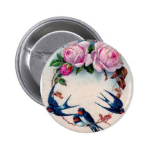 hirondelles et roses de cru sur cyan badges