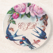 hirondelles et roses de cru sur cyan dessous de verres