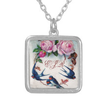 hirondelles et roses de cru sur cyan pendentif