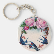 hirondelles et roses de cru sur cyan porte-clef