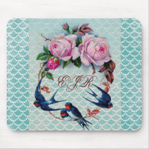 hirondelles et roses de cru sur cyan tapis de souris