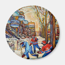 Hockey de rue avec 3 garçons magnets pour réfrigérateur