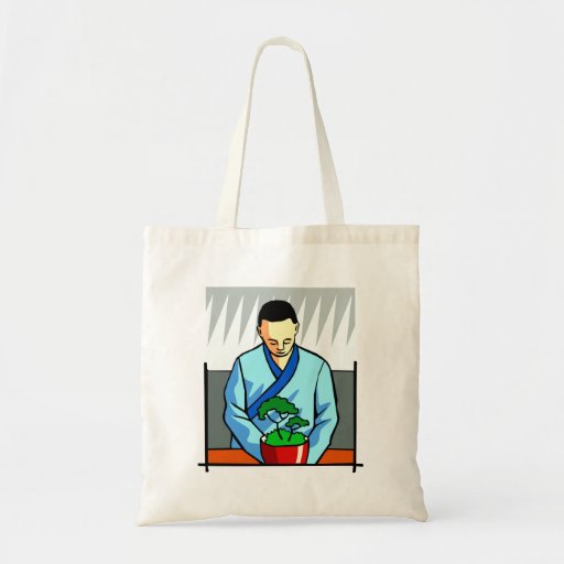 Homme asiatique avec la tête de bonsaïs cintrée sacs en toile