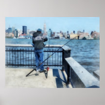 Homme pêchant outre du pilier de Hoboken Affiche