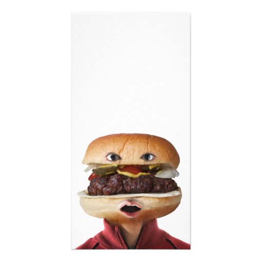 Homme principal d'hamburger au-dessus de blanc cartes de vœux avec photo