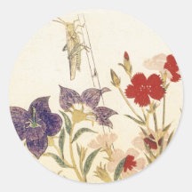 Insectes et fleurs par Utamaro Autocollant Rond