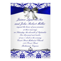 Invitation argentée bleue fleurie de mariage damas