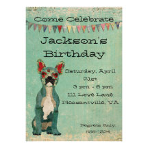 Invitation bleue d'anniversaire de bouledogue fran