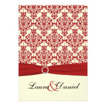 Invitation crème et rouge de mariage damassé