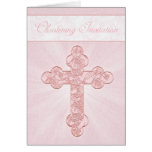 Invitation de baptême avec la croix rose carte de vœux