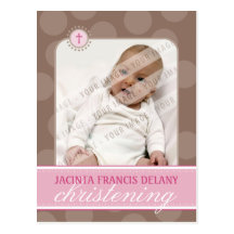 INVITATION DE BAPTÊME : : point de polka - rose Cartes Postales
