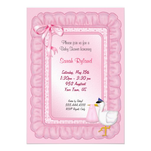 Invitation de bébé de cigogne - rose