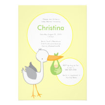 Invitation jaune et verte de baby shower de cigogn