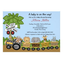 Invitation neutre de baby shower de train de safar
