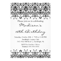 Invitation noire d'anniversaire de sweet sixteen d