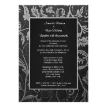 Invitation noire et argentée de mariage damassé