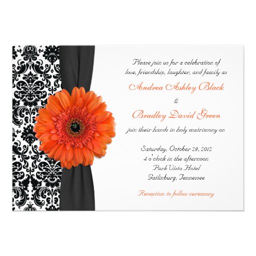 Invitation orange de mariage damassé de marguerite