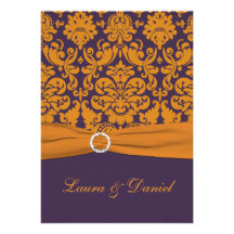 Invitation orange pourpre IMPRIMÉ de mariage damas