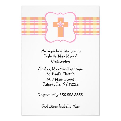 Invitation orange rose de baptême de plaid